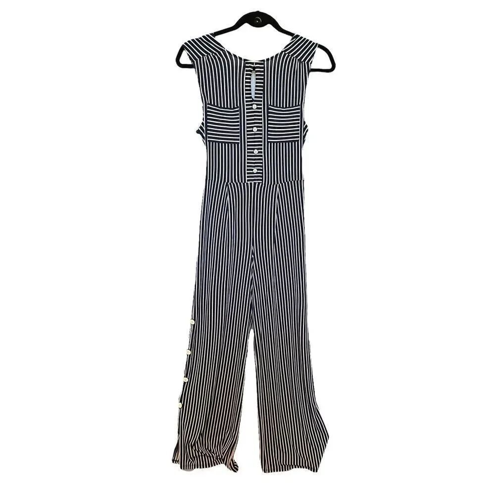 Monteau Jumpsuit Navy blue and white stripe vertical Medium elastic waist, tank